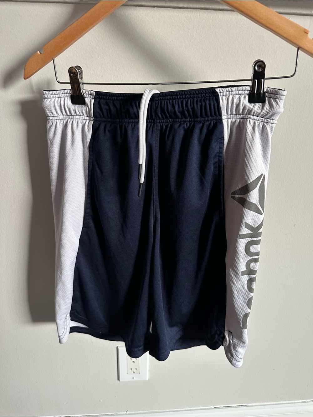 Reebok Men’s Navy and White Athletic Shorts with Side Logo